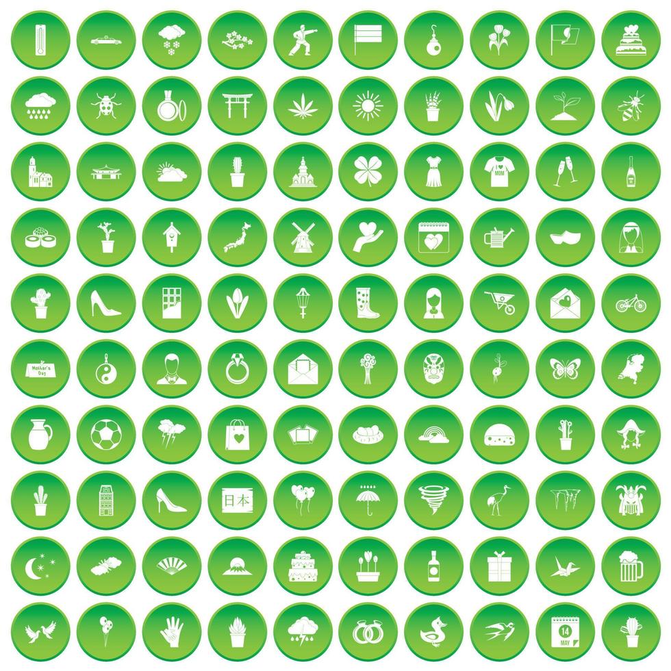 100 bloemen pictogrammen instellen groene cirkel vector