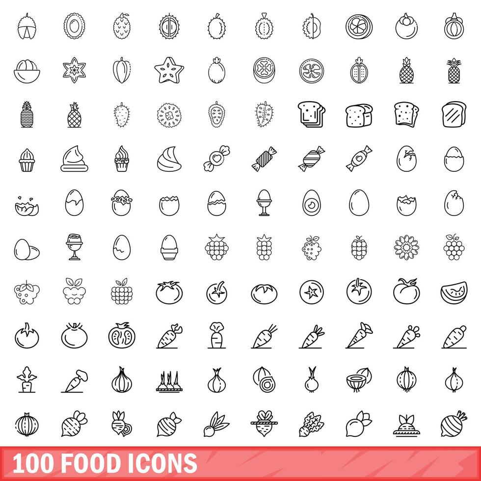 100 voedsel iconen set, Kaderstijl vector