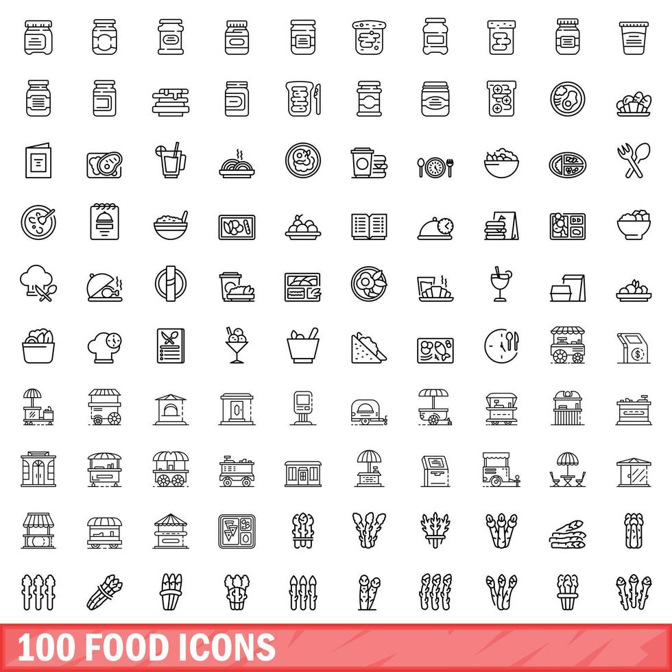 100 voedsel iconen set, Kaderstijl vector