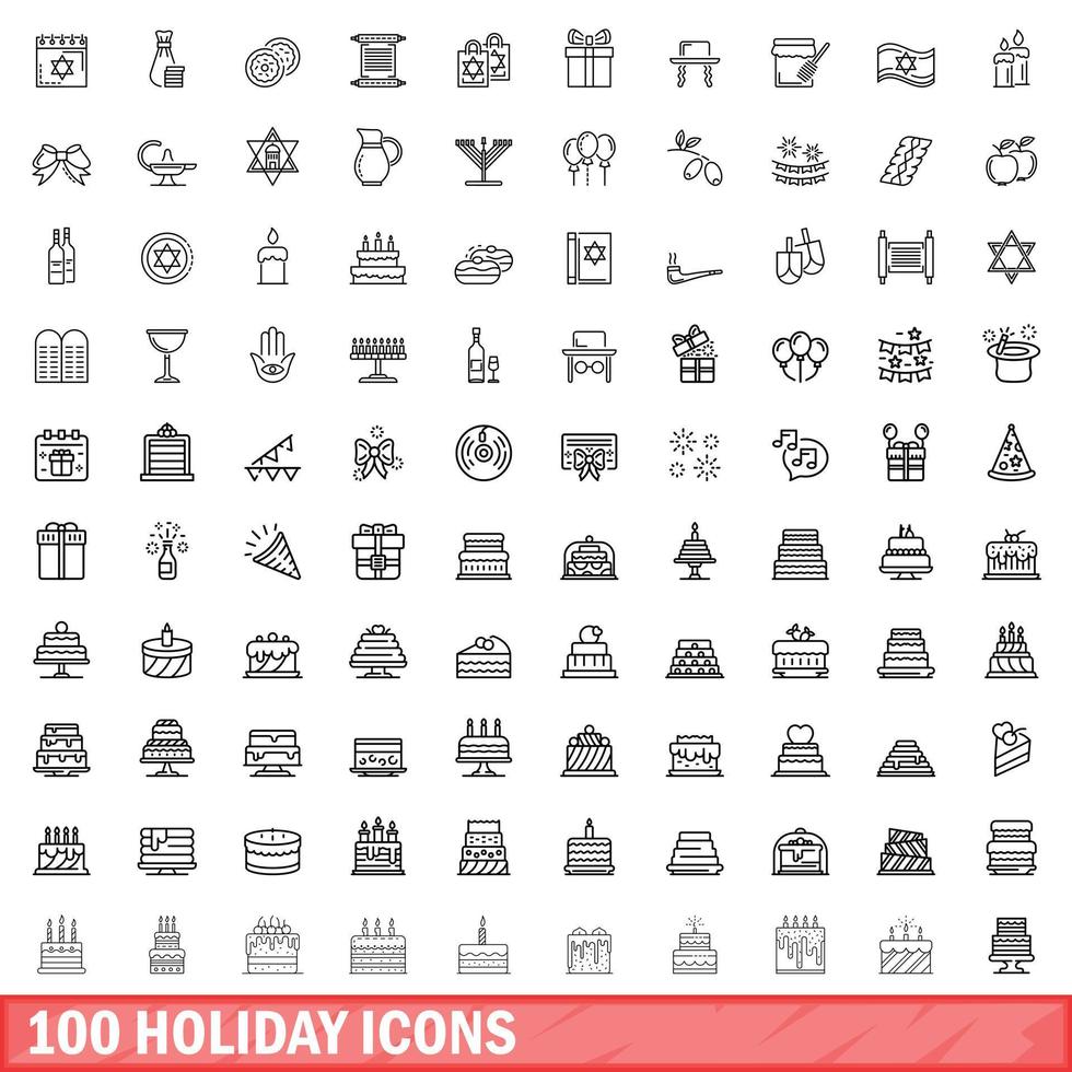 100 vakantie iconen set, Kaderstijl vector