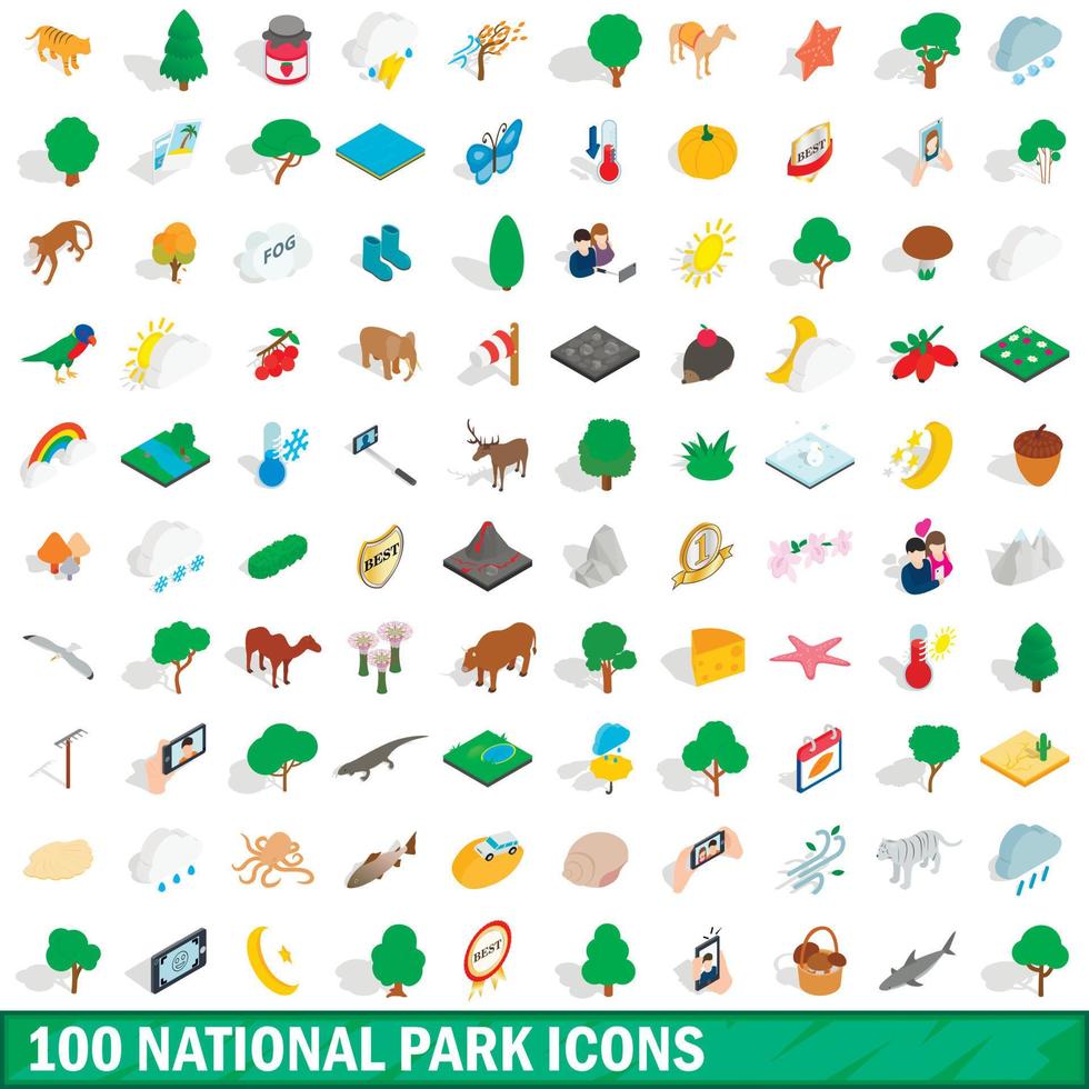 100 nationaal park iconen set, isometrische 3D-stijl vector