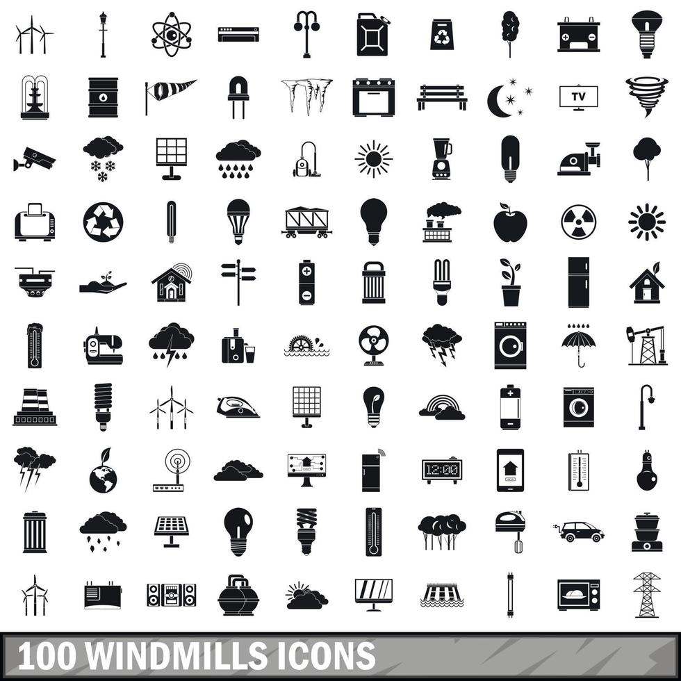 100 windmolens iconen set, eenvoudige stijl vector