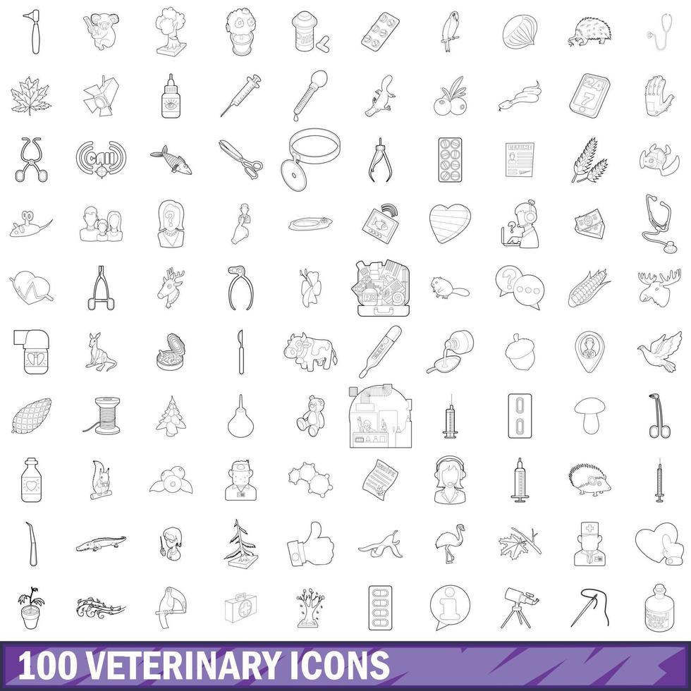 100 veterinaire iconen set, Kaderstijl vector