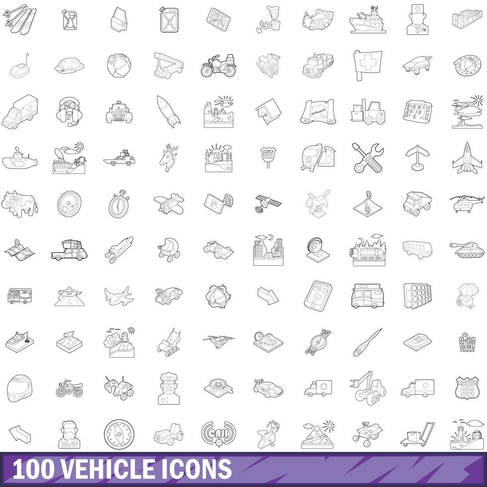 100 voertuig iconen set, Kaderstijl vector