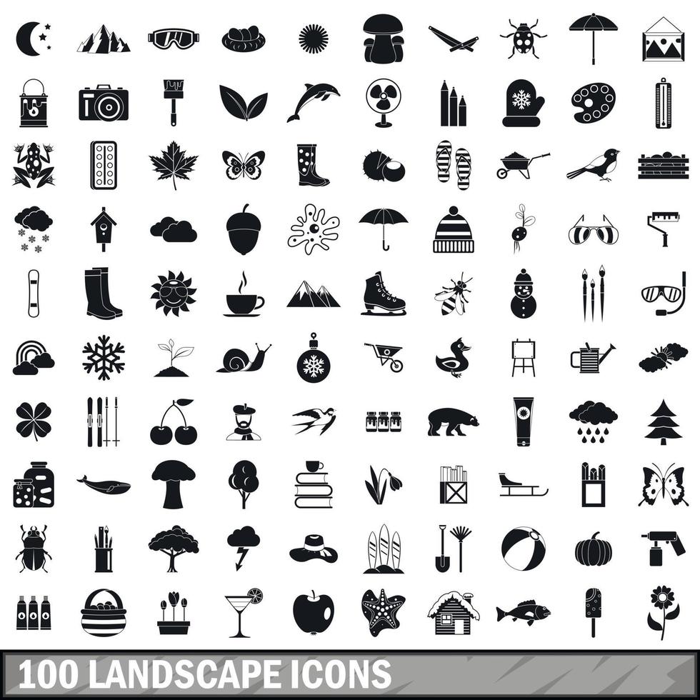 100 landschap iconen set, eenvoudige stijl vector