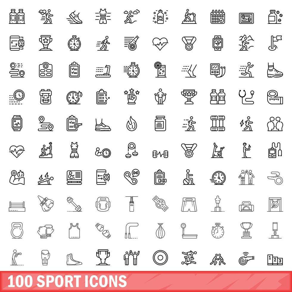 100 sport iconen set, Kaderstijl vector