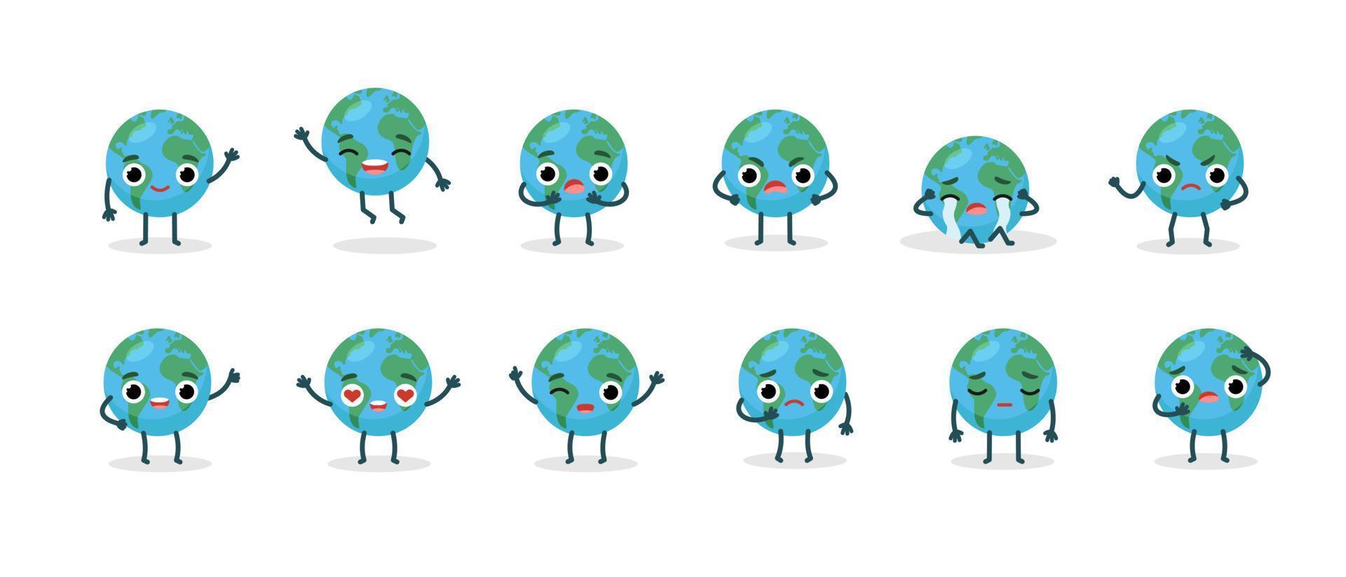 set karakters emotionele planeet aarde. gelukkig milieu dag concept. milieuvriendelijk, bespaar ecologieconcept. wereldkaart wereldbol gezicht emoji vector