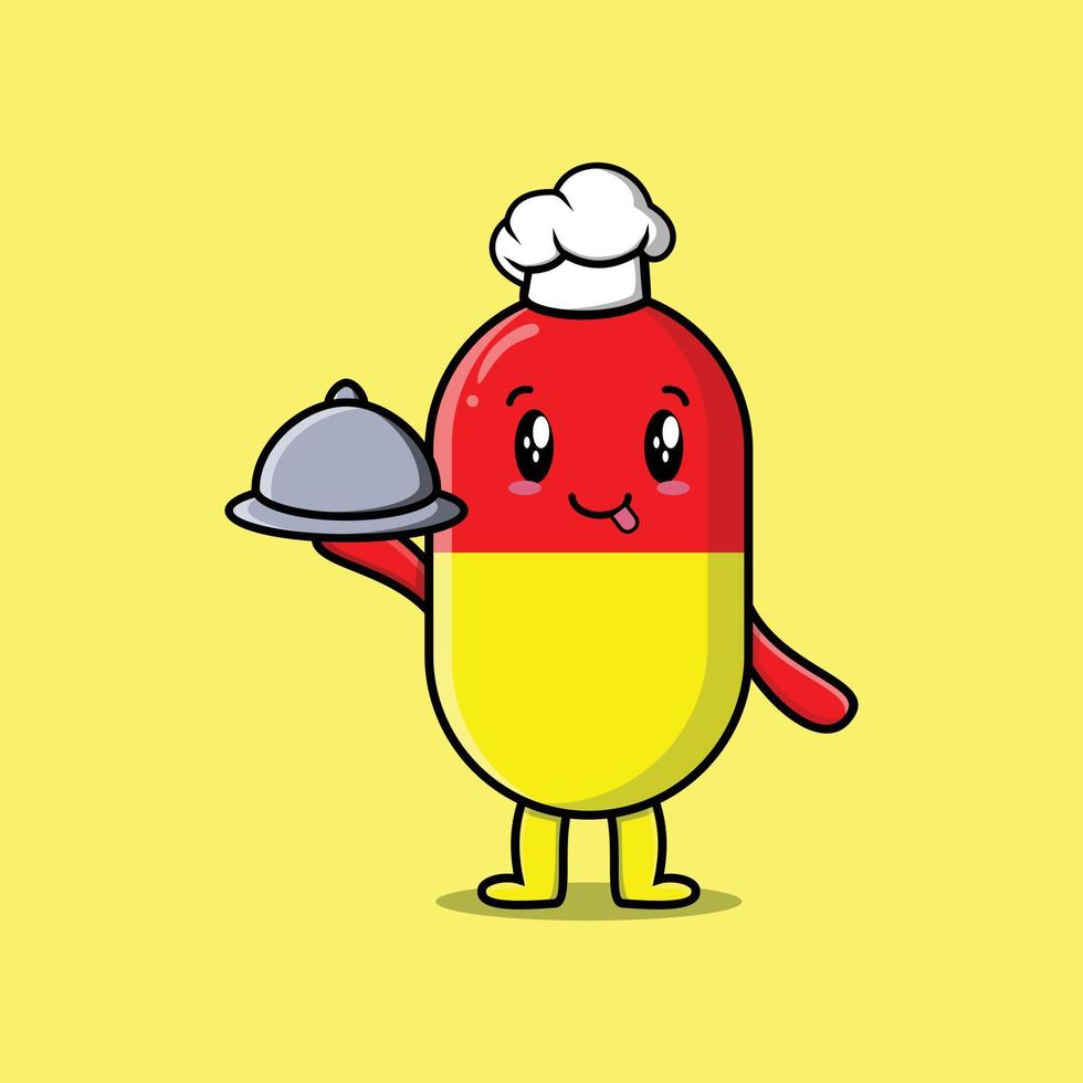 schattige cartoon chef-kok capsule geneeskunde eten serveren vector