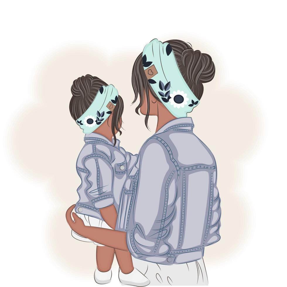 moeder en dochter in een omhelzing, hoofdbanden, jeans, achteraanzicht, boho fashion stijl, vectorillustratie afdrukken vector