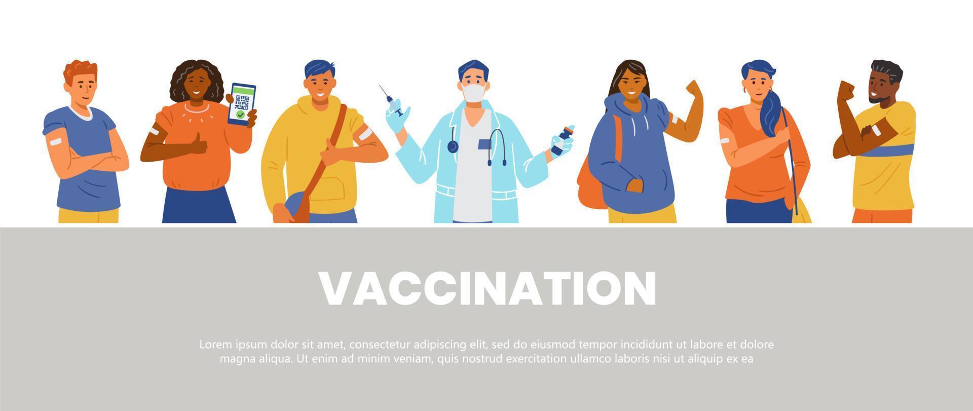 mensen vaccinatie tegen coronavirus platte vector horizontale banner. multiraciale mannen en vrouwen gevaccineerd met handen met patches. arts met vaccin en spuit.