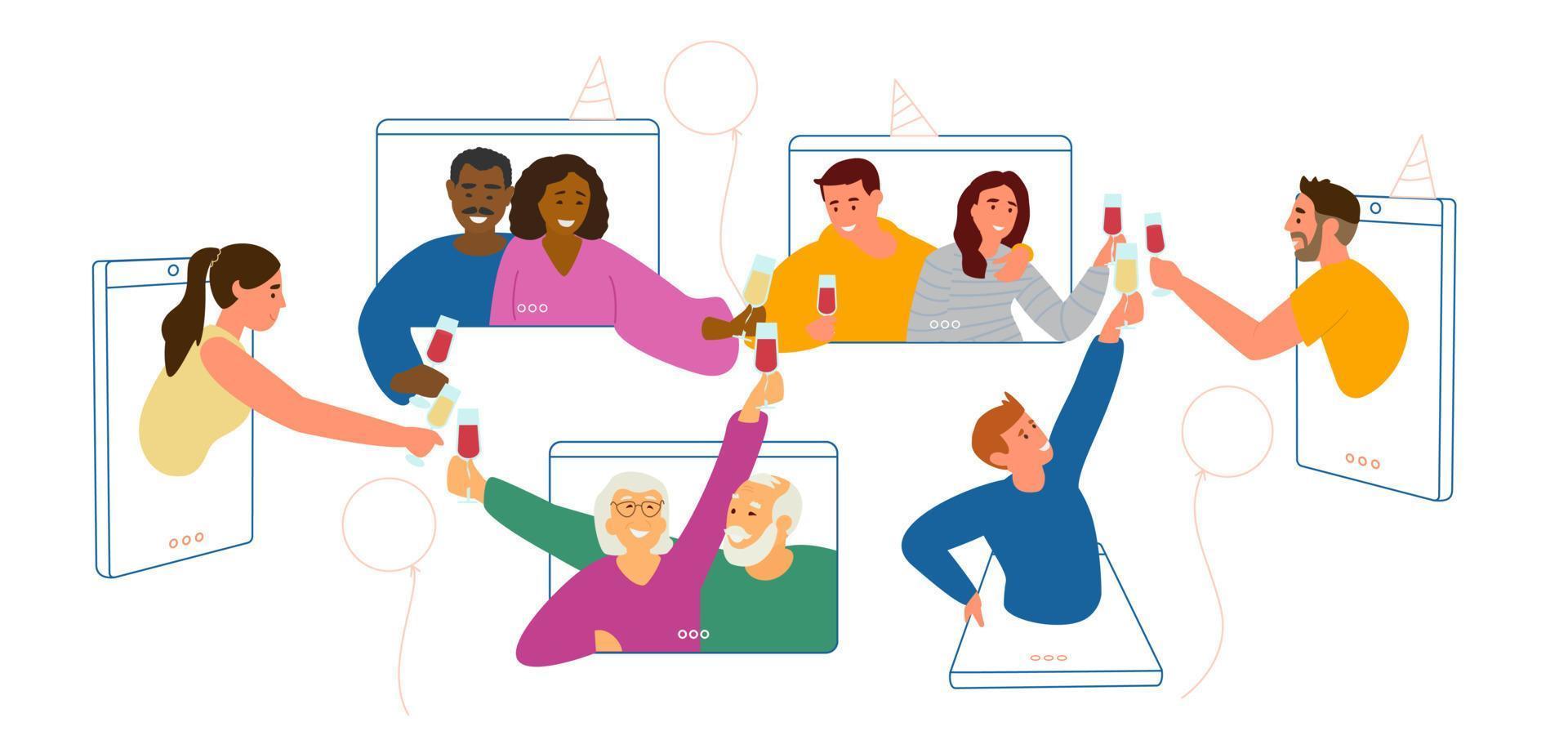 online feest tijdens quarantaine concept vectorillustratie. gelukkige mensen van verschillende leeftijden en etniciteiten rammelende glazen wijn van smartphones. vector