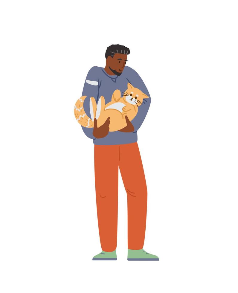 Afro-Amerikaanse man met schattige kat. platte vectorillustratie. geïsoleerd op wit. vector