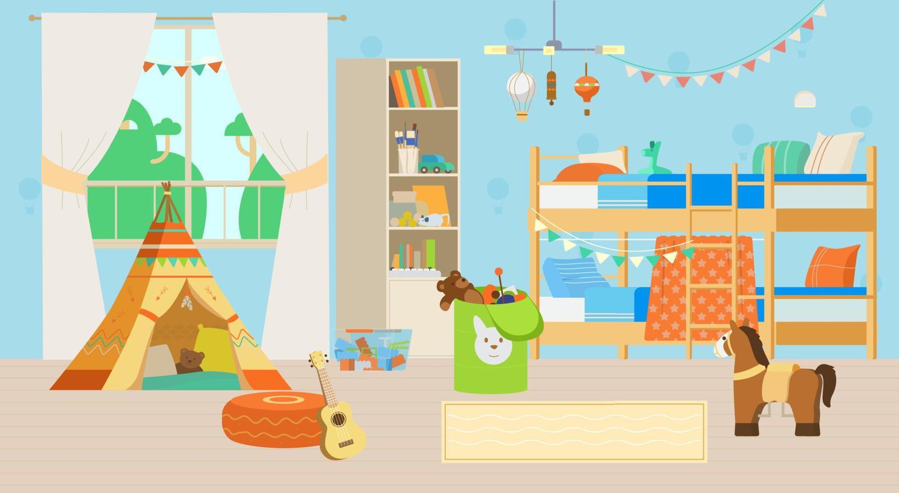 gezellige kinderkamer interieur platte vectorillustratie. houten meubelen, raam, stapelbed, boekenkast, wigwam, speelgoed en decoratie. vector