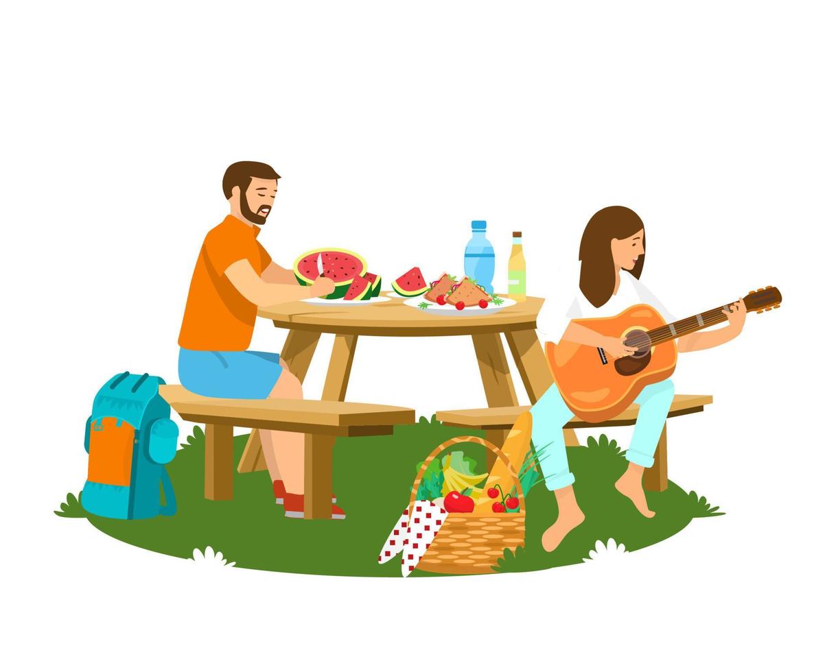 vectorillustratie van paar met picknick geïsoleerd. vrouw die gitaar speelt, man die watermeloen snijdt. picknickmand met fruit, groenten en stokbrood. cartoon-stijl. vector