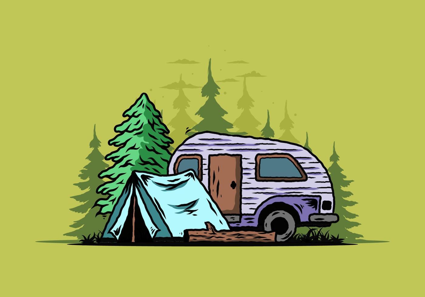 traanvormige camper en tent voor dennenboom illustratie vector