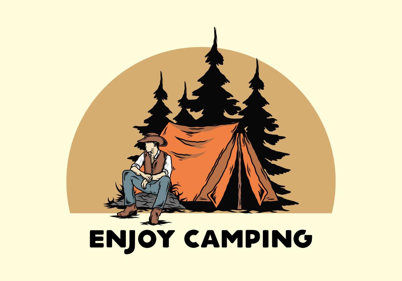 man met een cowboyhoed die voor de tent zit illustratie vector