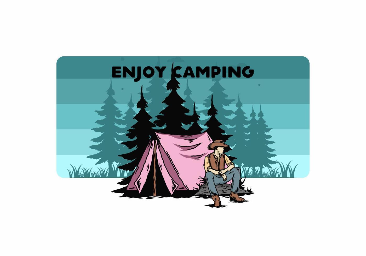 man met een cowboyhoed die voor de tent zit illustratie vector