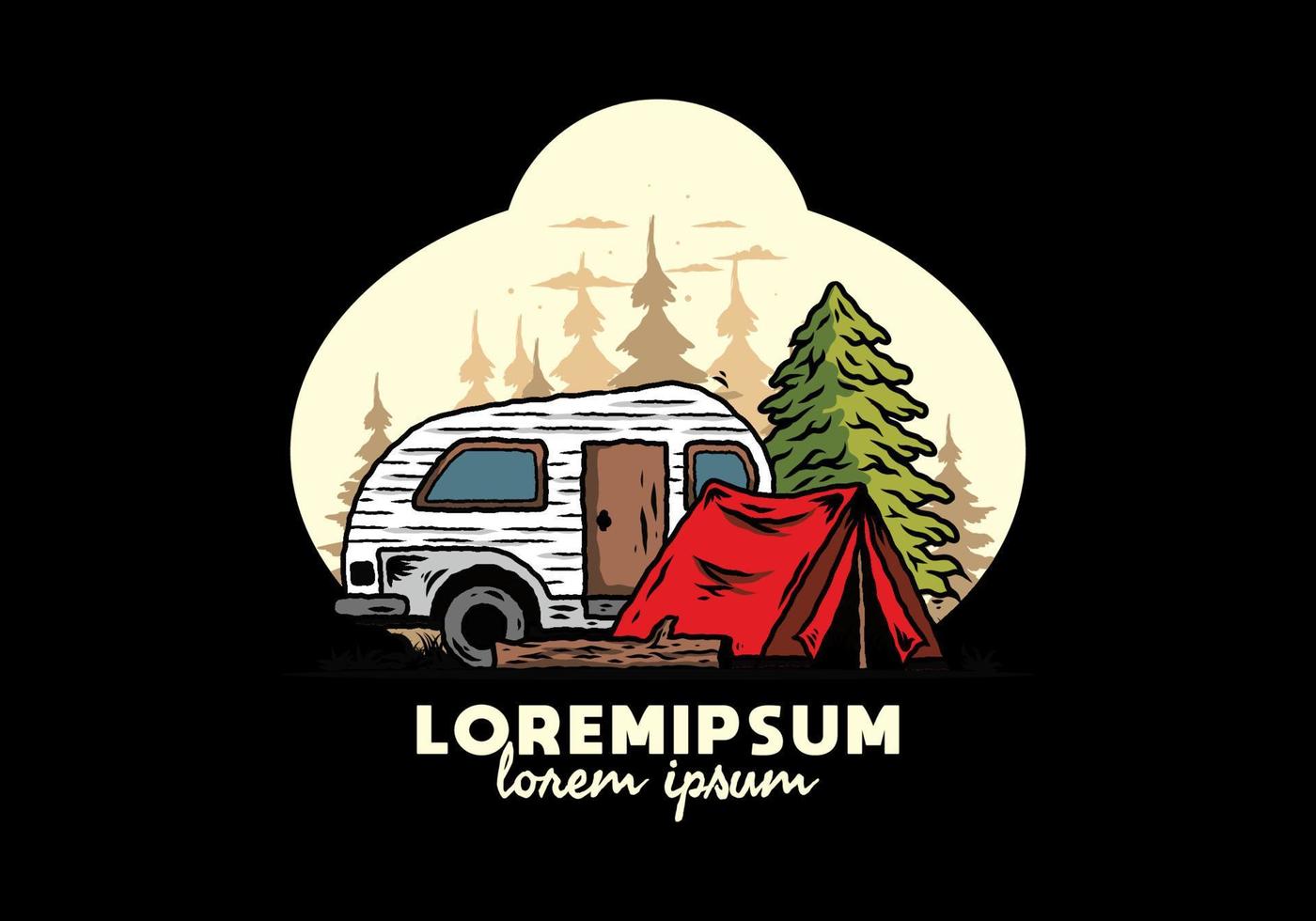 traanvormige camper en tent voor dennenboom illustratie vector