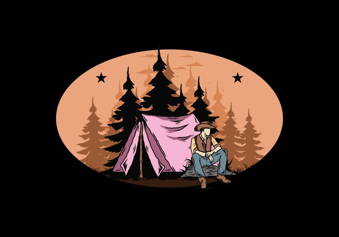 man met een cowboyhoed die voor de tent zit illustratie vector