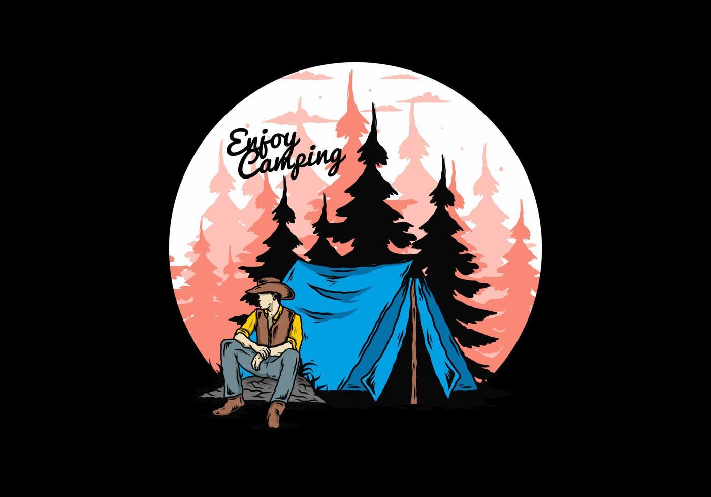 man met een cowboyhoed die voor de tent zit illustratie vector