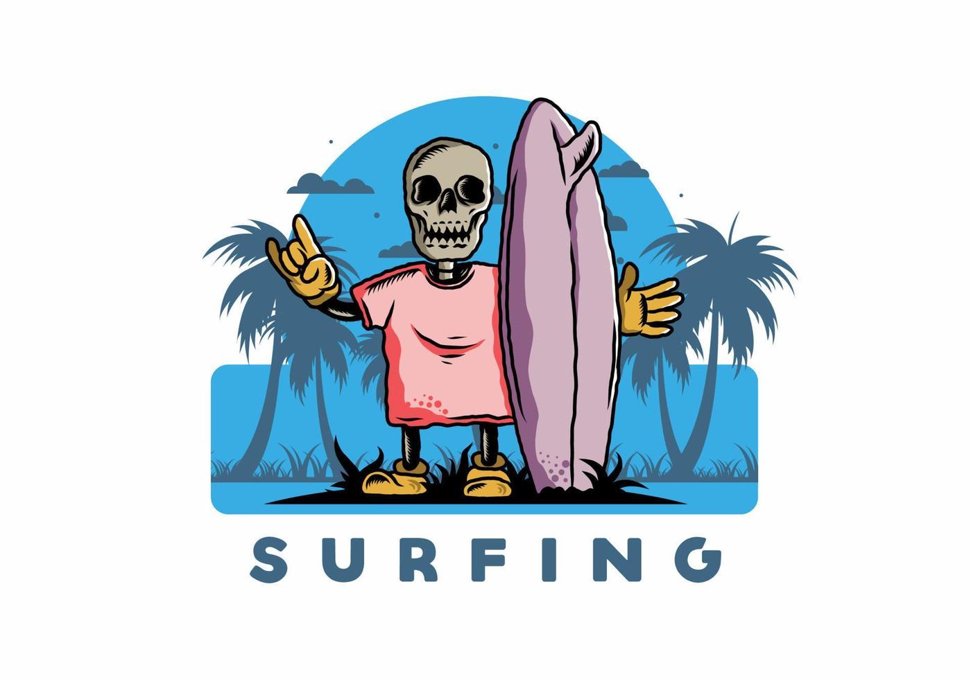 kleine schedel met een illustratieontwerp van een surfplank vector