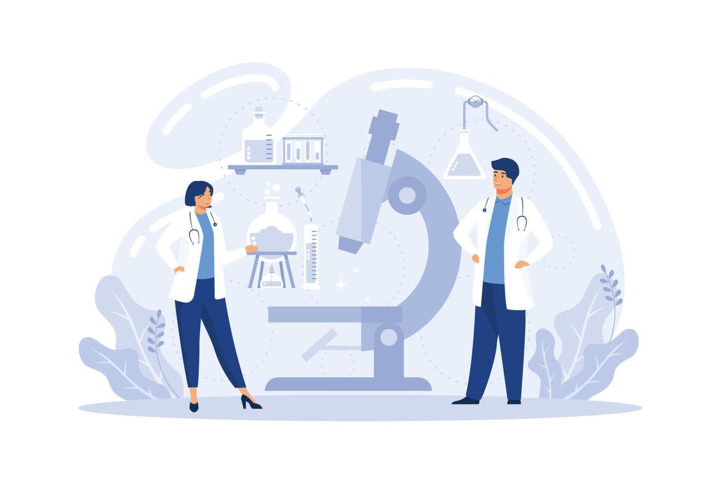 sjabloon voor medische tests. chemische laboratoriumanalyse. laboratorium analyse concept. vrouwelijke laboratoriumassistentie met microscoop, medisch kantoor of laboratorium vector