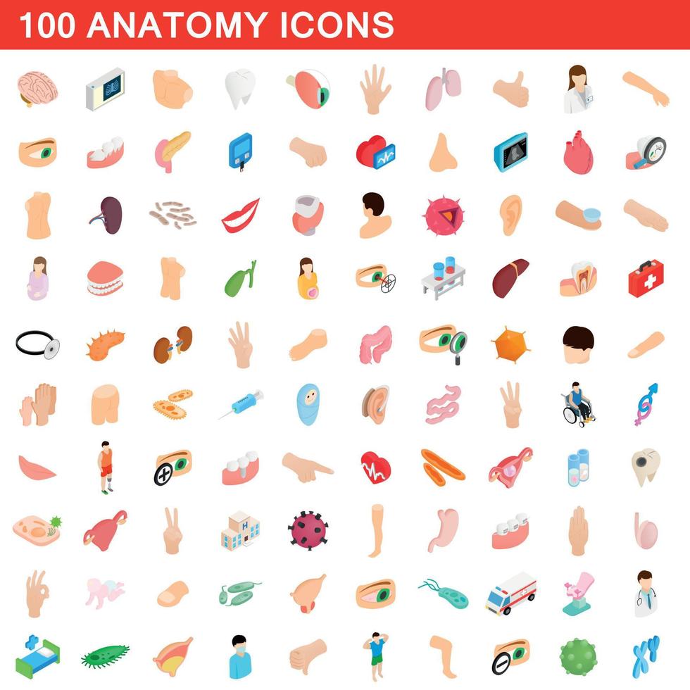 100 anatomie iconen set, isometrische 3D-stijl vector