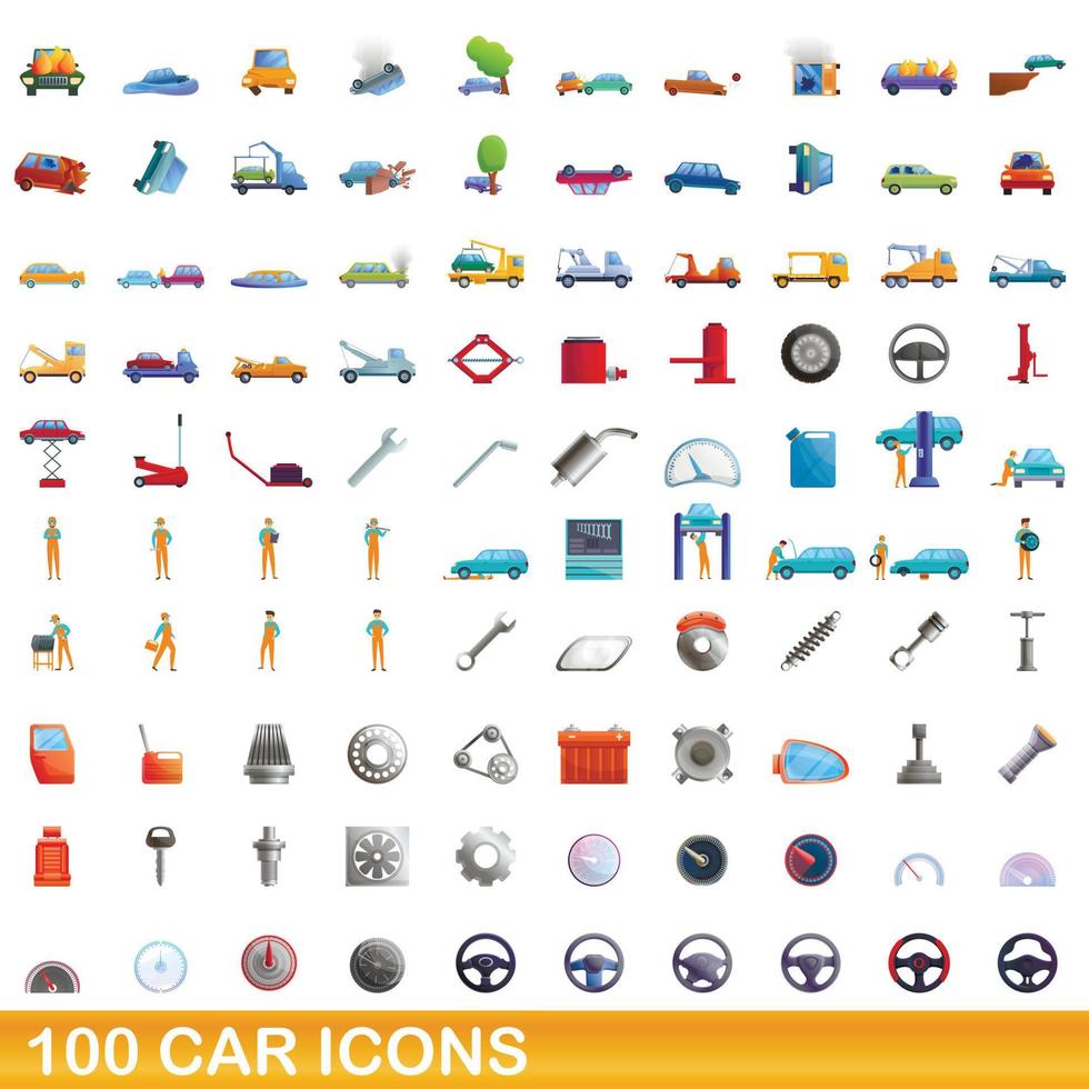 100 auto iconen set, cartoon stijl vector