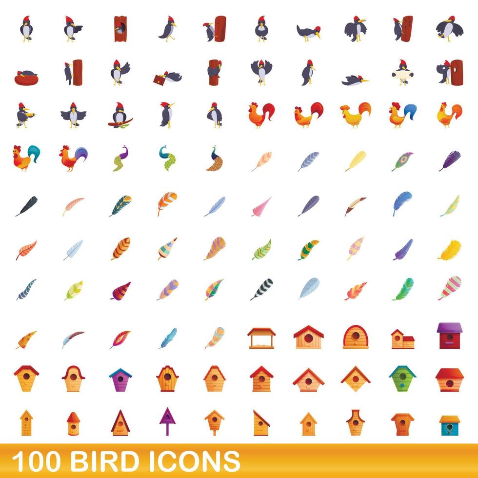 100 vogel iconen set, cartoon stijl vector