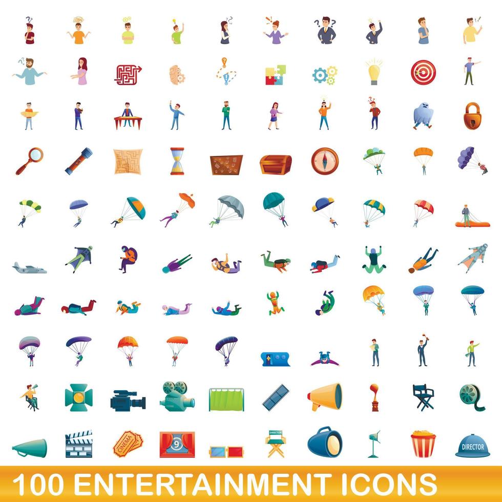 100 entertainment iconen set, cartoon stijl vector