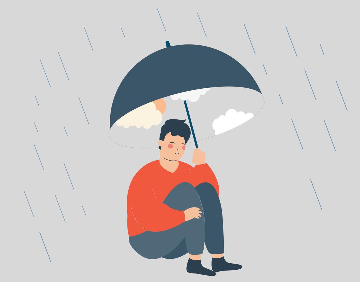 man gebruikt een paraplu met een lucht en zon om zichzelf te beschermen tegen de regen en ziet er gelukkig en ontspannen uit. innerlijke wereld en verbetering van de geestelijke gezondheid concept. vector illustratie