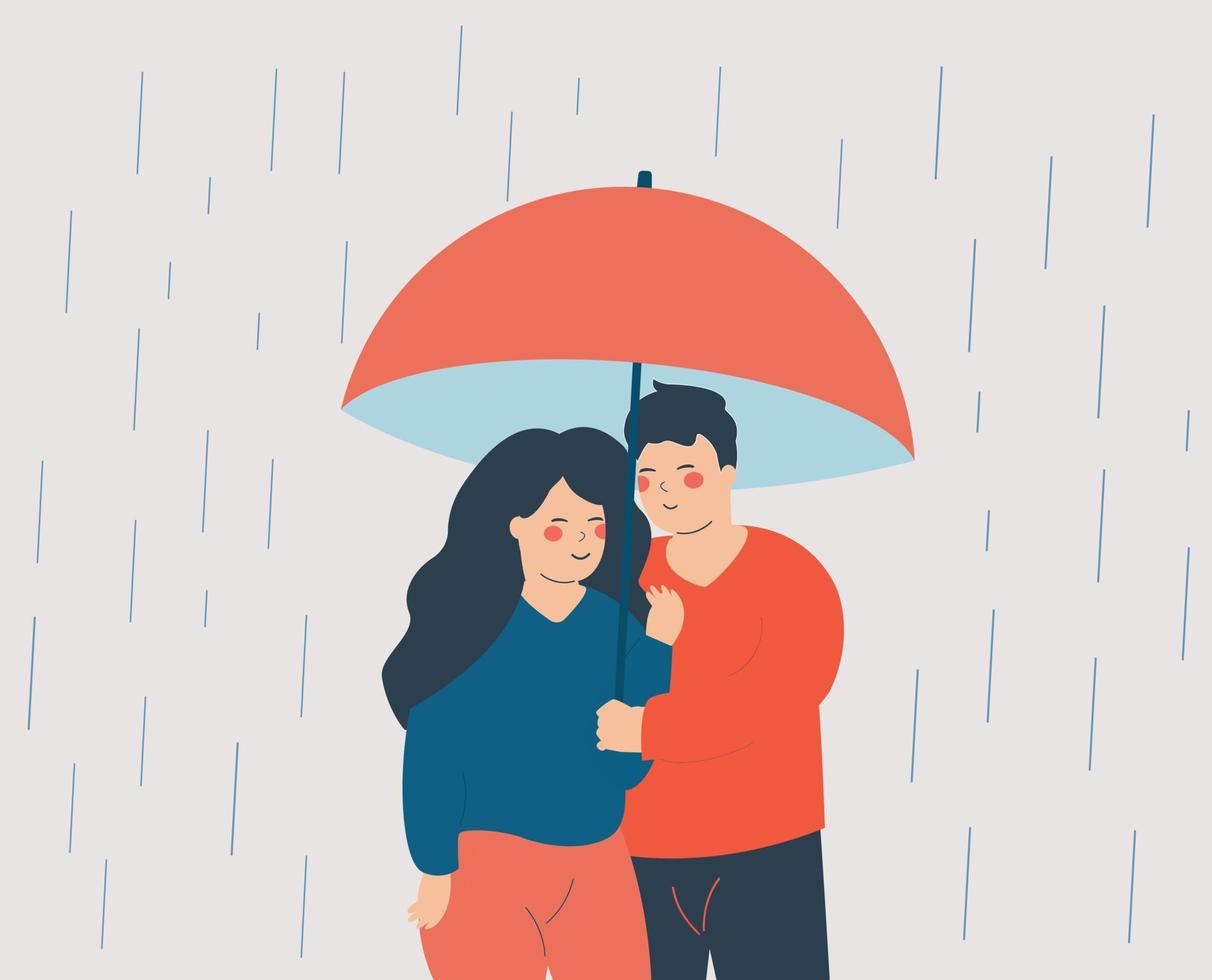 jonge vrouw en man omhelzen elkaar en verbergen zich voor de regen onder een open paraplu. gelukkige paar knuffelen elkaar met zorg en liefde. valentijnsdag, romantische relaties concept. vector illustratie