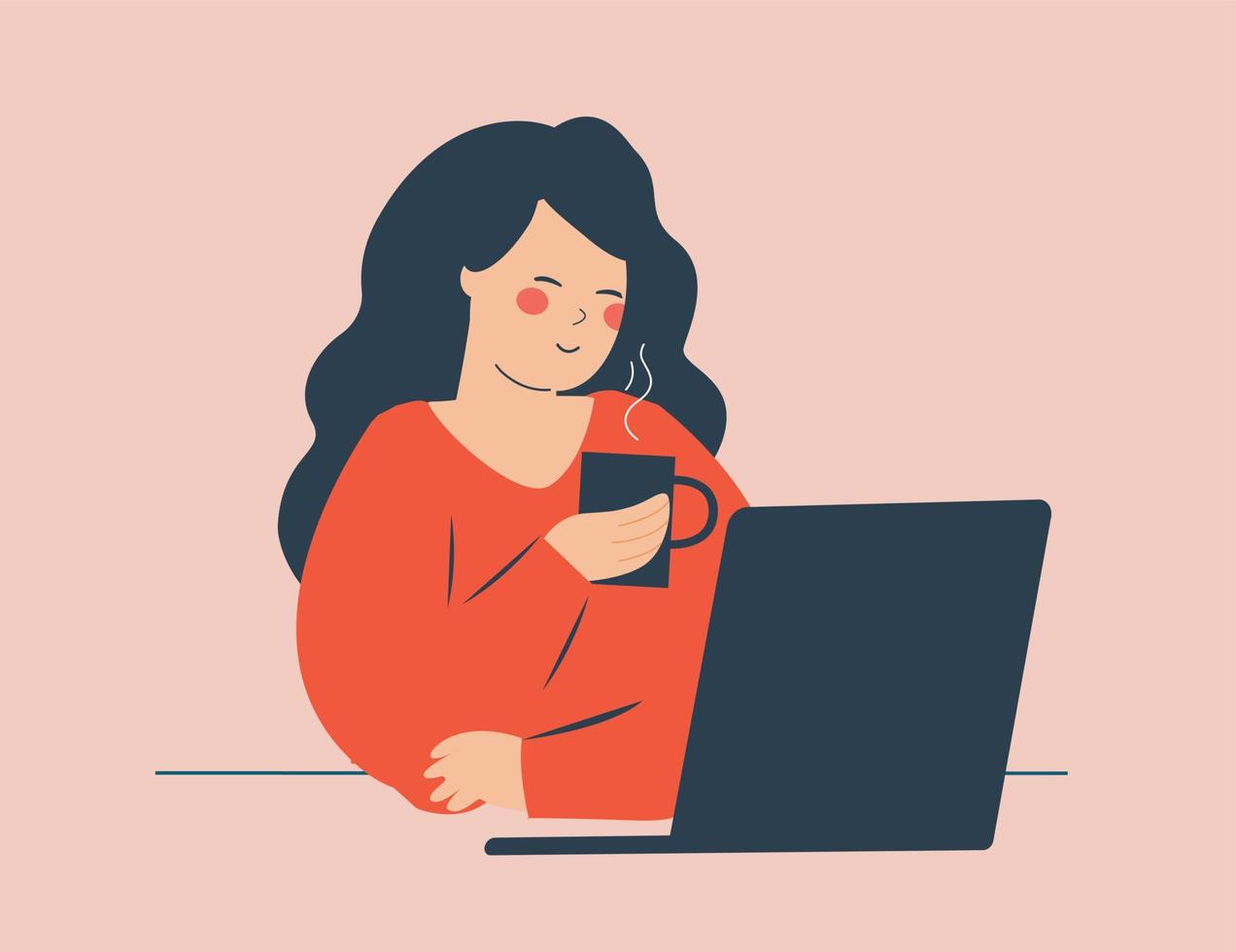 jonge vrouw gebruikt haar laptop voor haar werk en drinkt haar warme koffie. tienervrouw die met haar vrienden kletst terwijl ze groene thee drinkt. kantoormedewerker, freelancer en schrijver dagelijks leven. vector voorraad