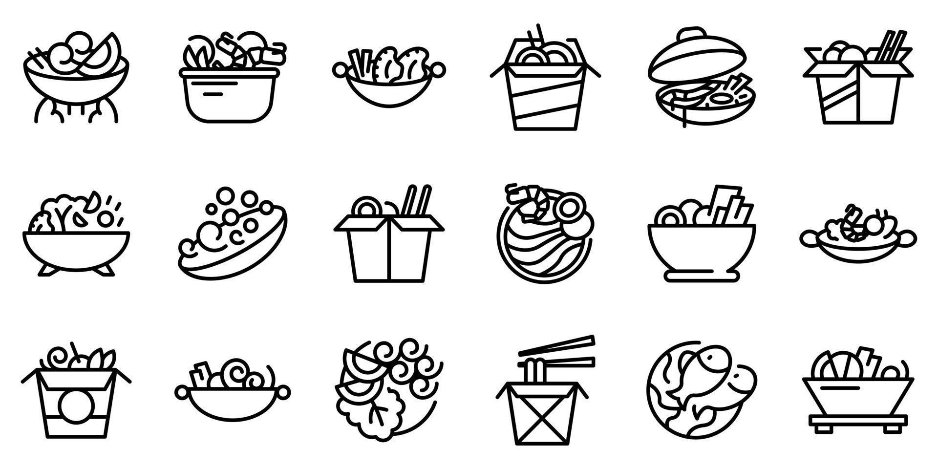 wok menu iconen set, Kaderstijl vector