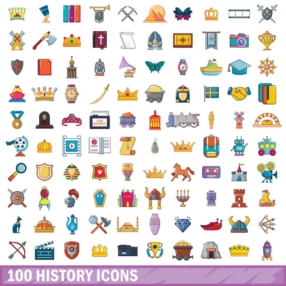 100 geschiedenis iconen set, cartoon stijl vector