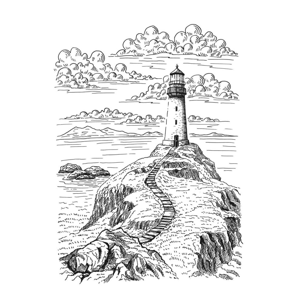 zeegezicht. vuurtoren. handgetekende illustratie geconverteerd naar vector. zee kust grafische landschap schets illustratie vector. vector