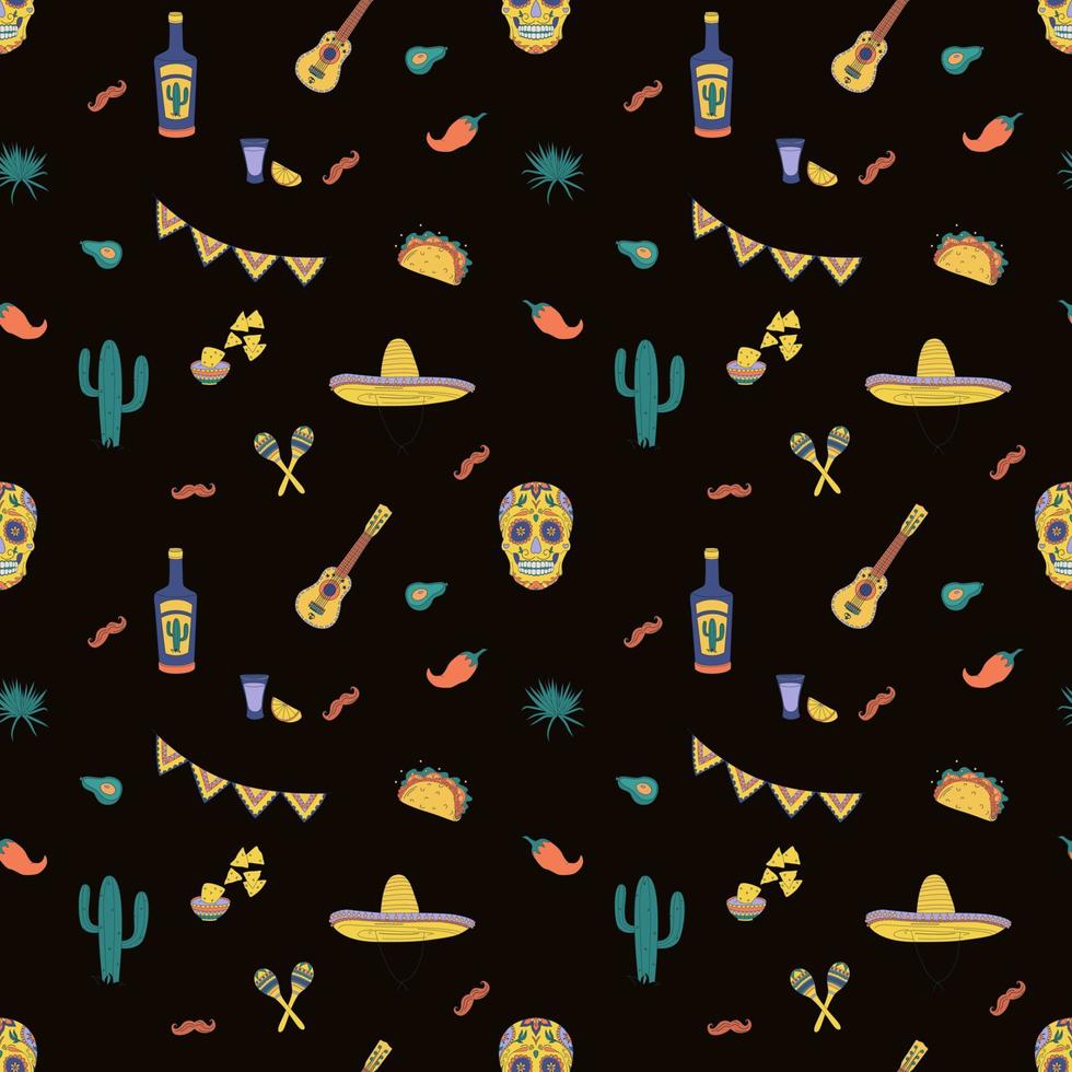 naadloos patroon met Mexicaanse elementen. cactus, schedel, hoed en meer. hand getekend platte vectorillustratie. vector