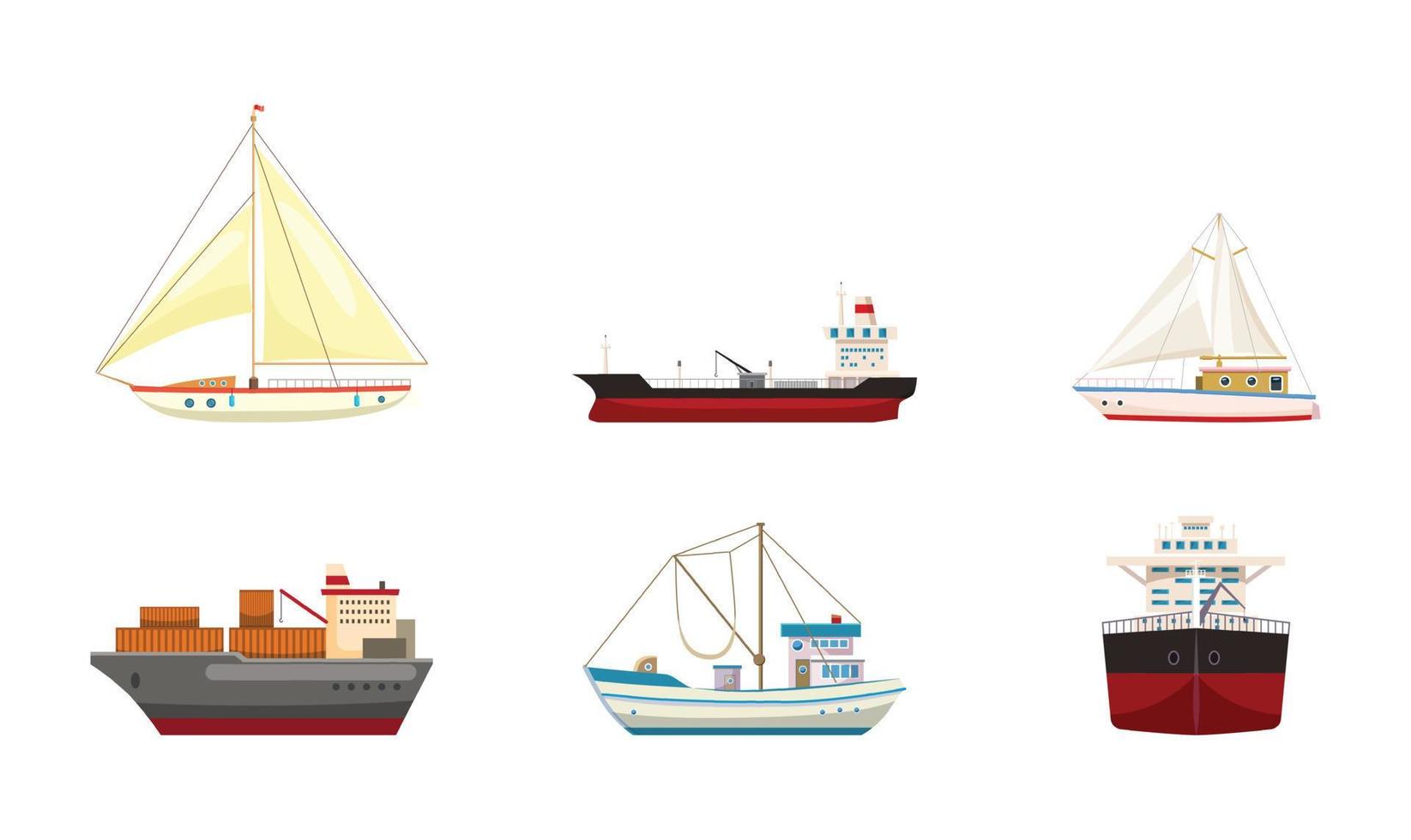 schip pictogrammenset, cartoon stijl vector