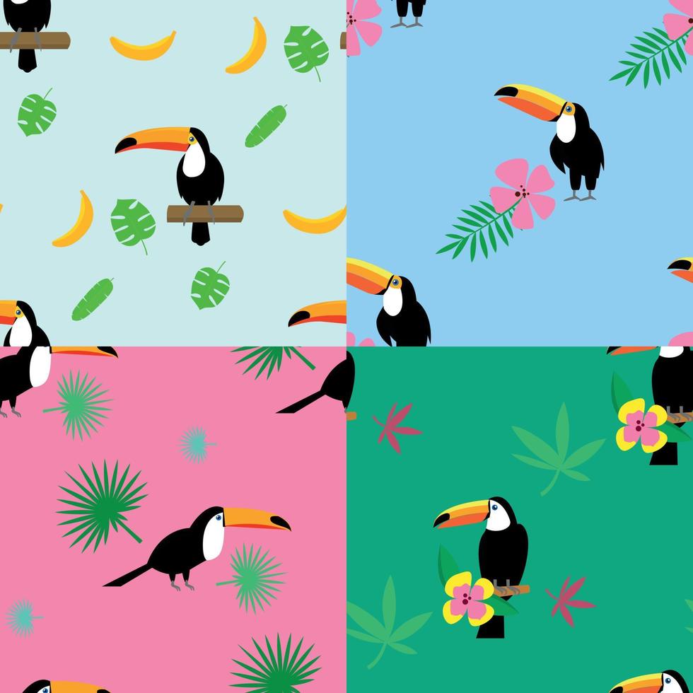 toekan papegaai patroon set, vlakke stijl vector
