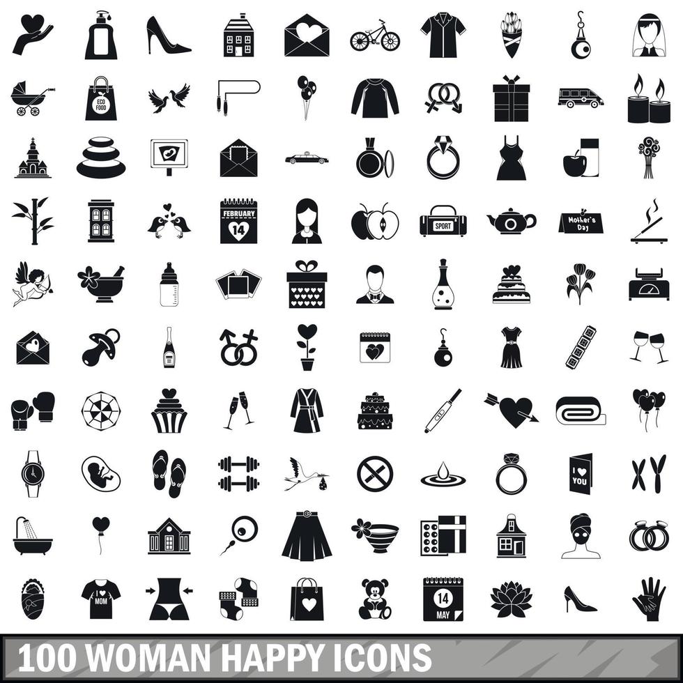100 vrouw gelukkig iconen set, eenvoudige stijl vector