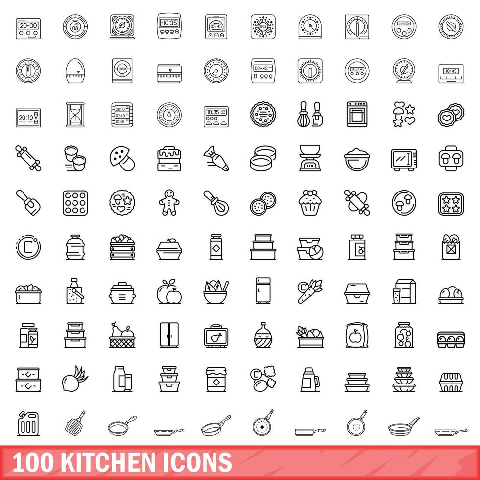 100 keuken iconen set, Kaderstijl vector