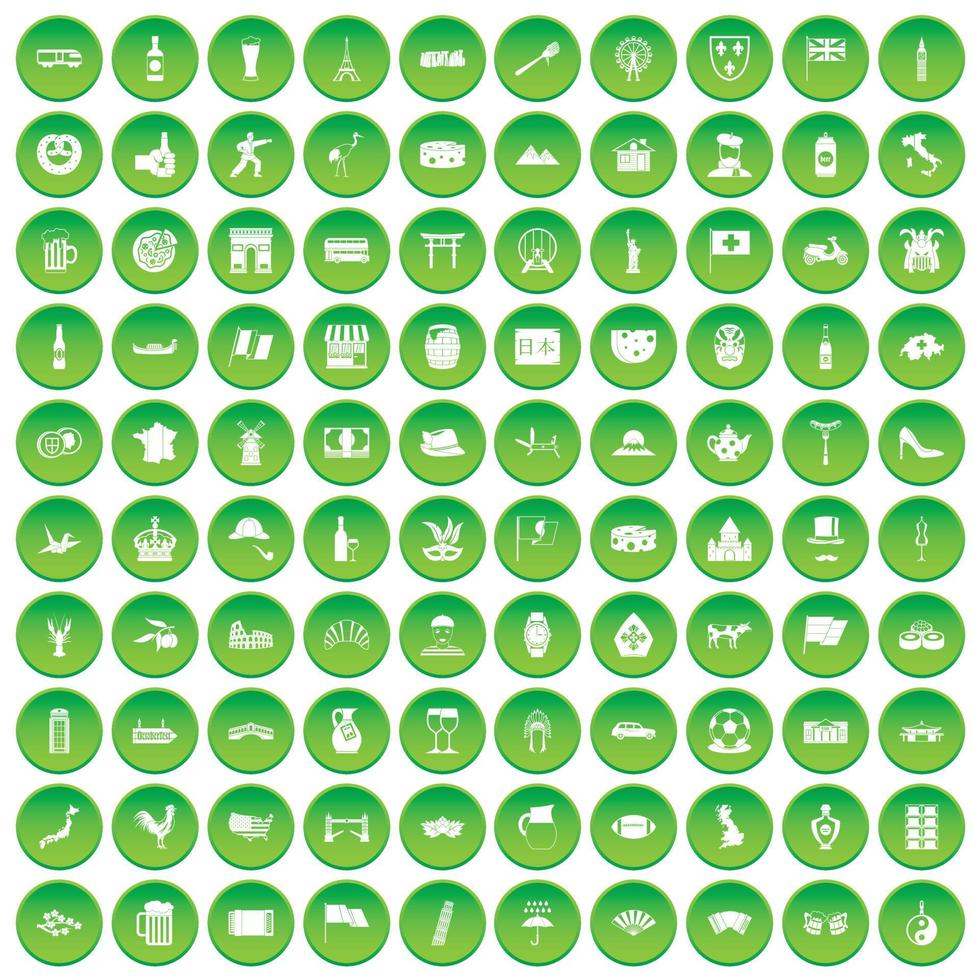 100 toeristische attracties pictogrammen instellen groene cirkel vector