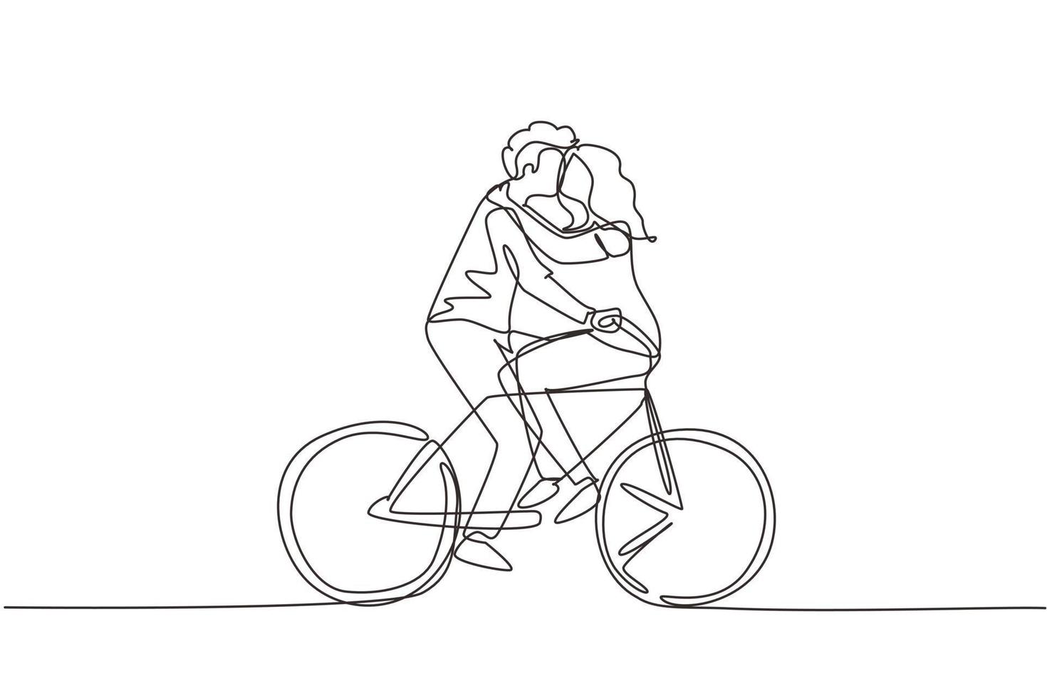 enkele doorlopende lijntekening actief paar samen op de fiets. gelukkige verliefde man en vrouw wielrenner knuffelen gevoel liefde. lachende mensen genieten van buitenactiviteiten. één lijn tekenen grafische vector