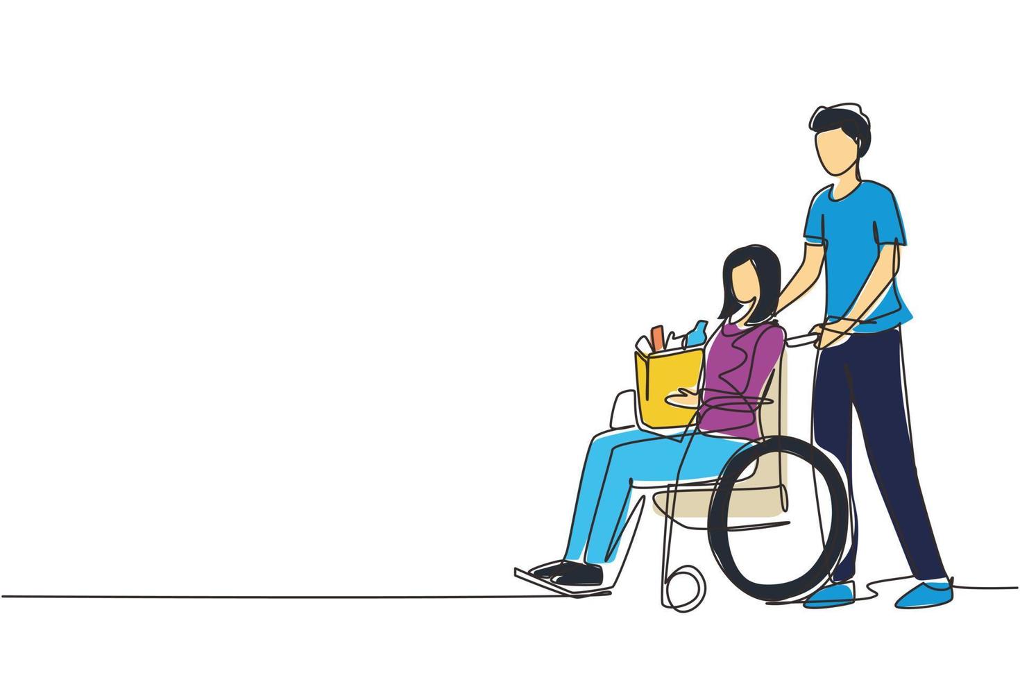 enkele een lijntekening jonge man ondersteunende en zorgzame gehandicapte oude vrouw op rolstoel. vrijwilliger die helpt met winkelen, voor senior vrouw zorgt. doorlopende lijn tekenen ontwerp vectorillustratie vector