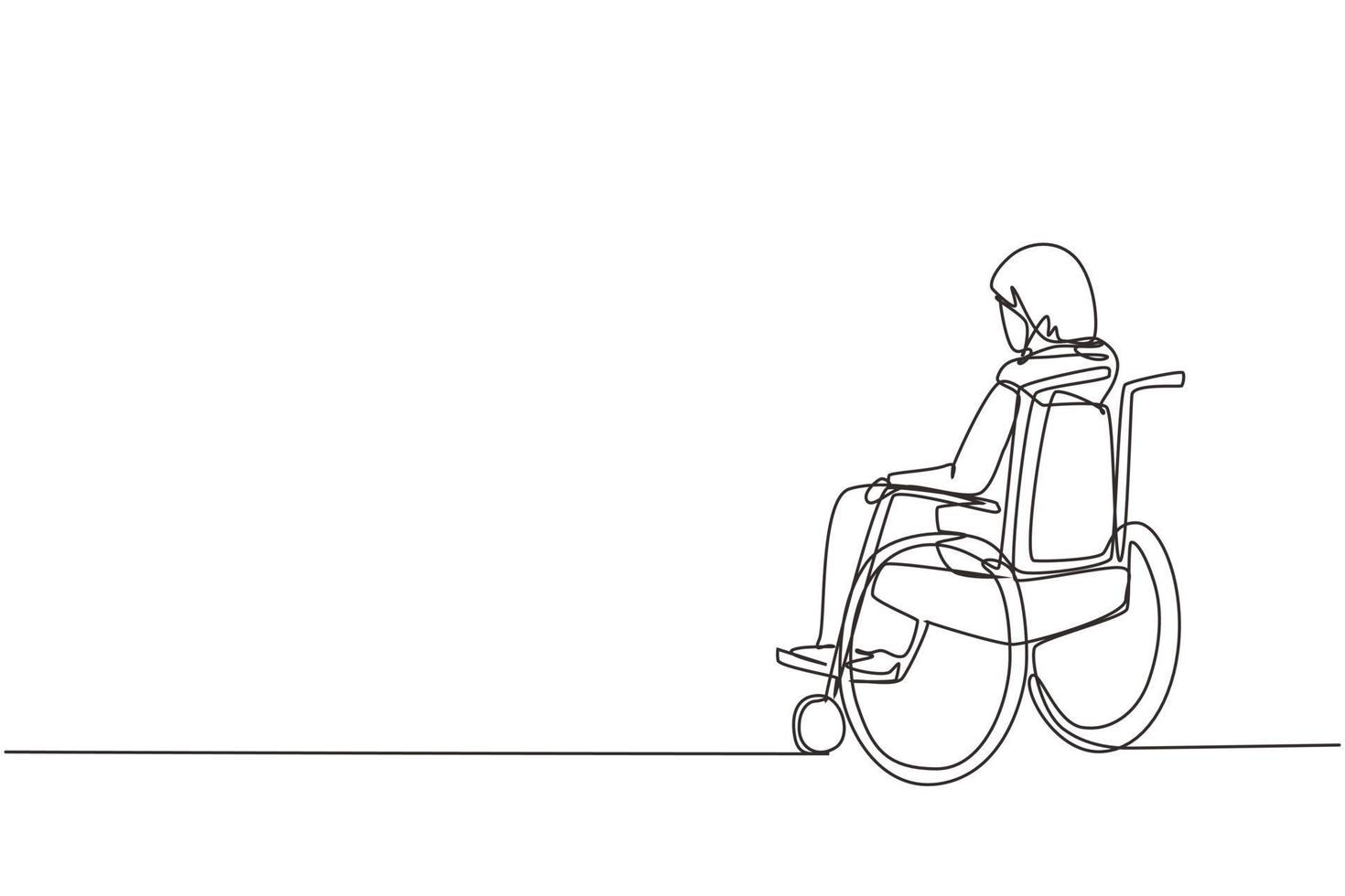 enkele één lijntekening achterkant van eenzame oude Arabische vrouw zittend op een rolstoel, kijkend naar verre droge herfstbladeren. eenzaam, verlaten, verlaten, eenzaam. ononderbroken lijn vector ontwerp illustratie