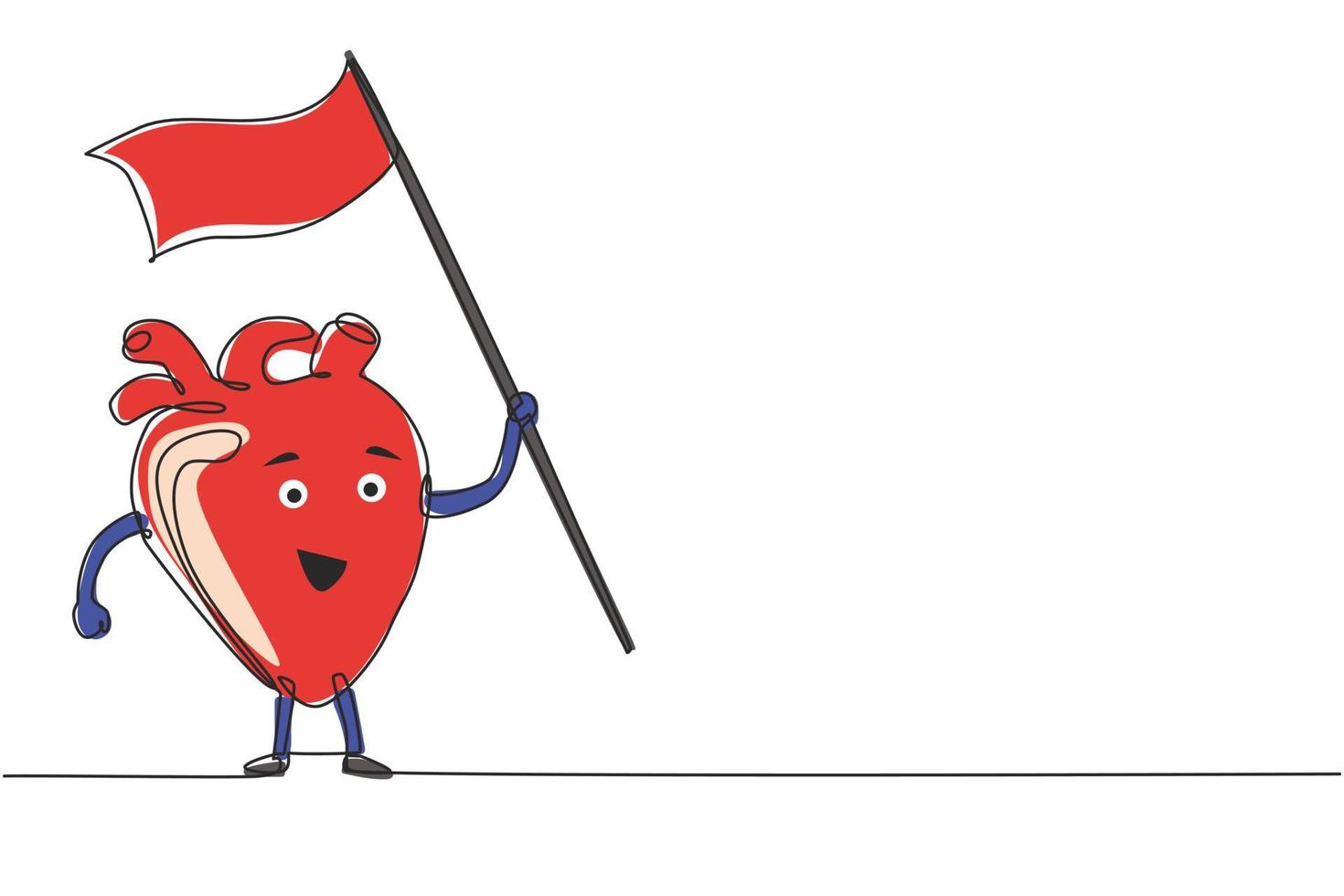 enkele doorlopende lijntekening karakter van hart met witte vlag. menselijk hart orgel staande met vlag. plat ontwerp van hartorgel voor onderwijsthema. één lijn tekenen ontwerp vectorillustratie vector