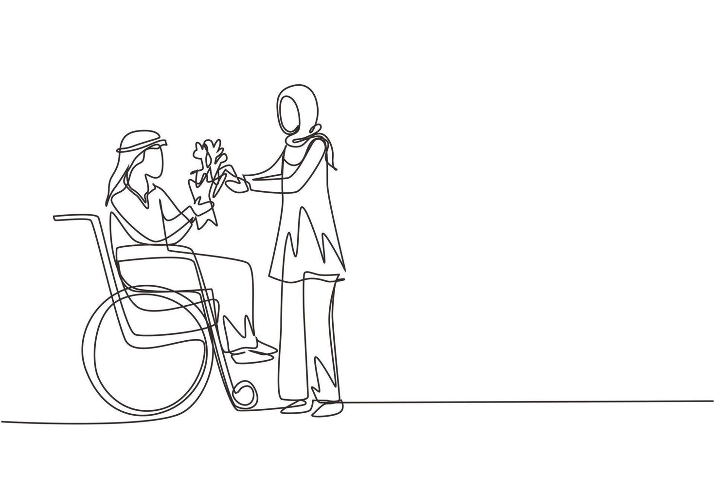 enkele doorlopende lijntekening arabische vrouw en gehandicapte man in rolstoel. mannetje geeft een boeket bloemen aan vrouwtje. familie ondersteuning. revalidatie van een handicap. één lijn tekenen ontwerp vectorillustratie vector