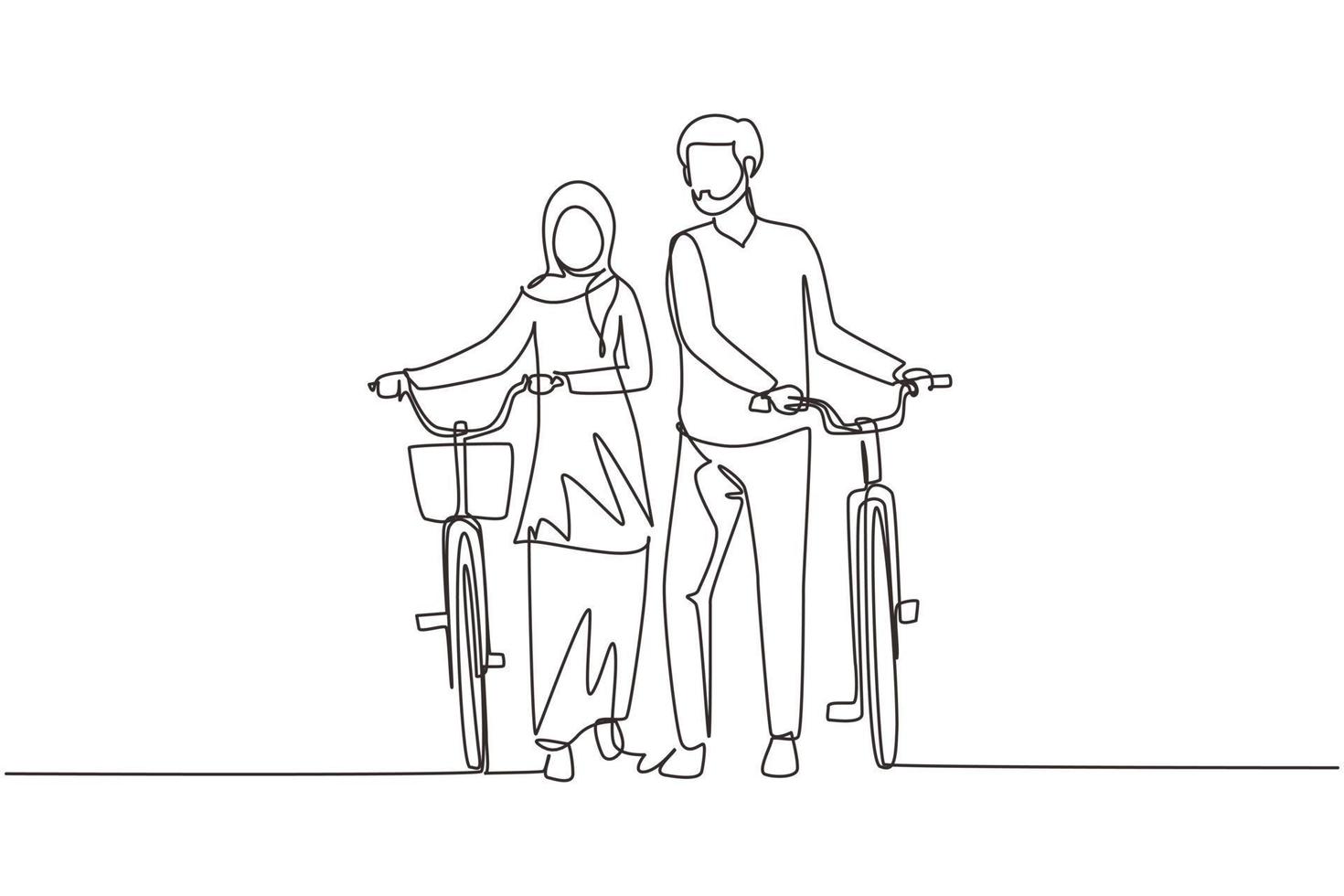 enkele doorlopende lijntekening fietsers wandelen bosweg met hun fietsen op zomerdag. jonge Arabische man en vrouw verliefd. gelukkig romantisch getrouwd stel. een lijn tekenen grafisch ontwerp vector