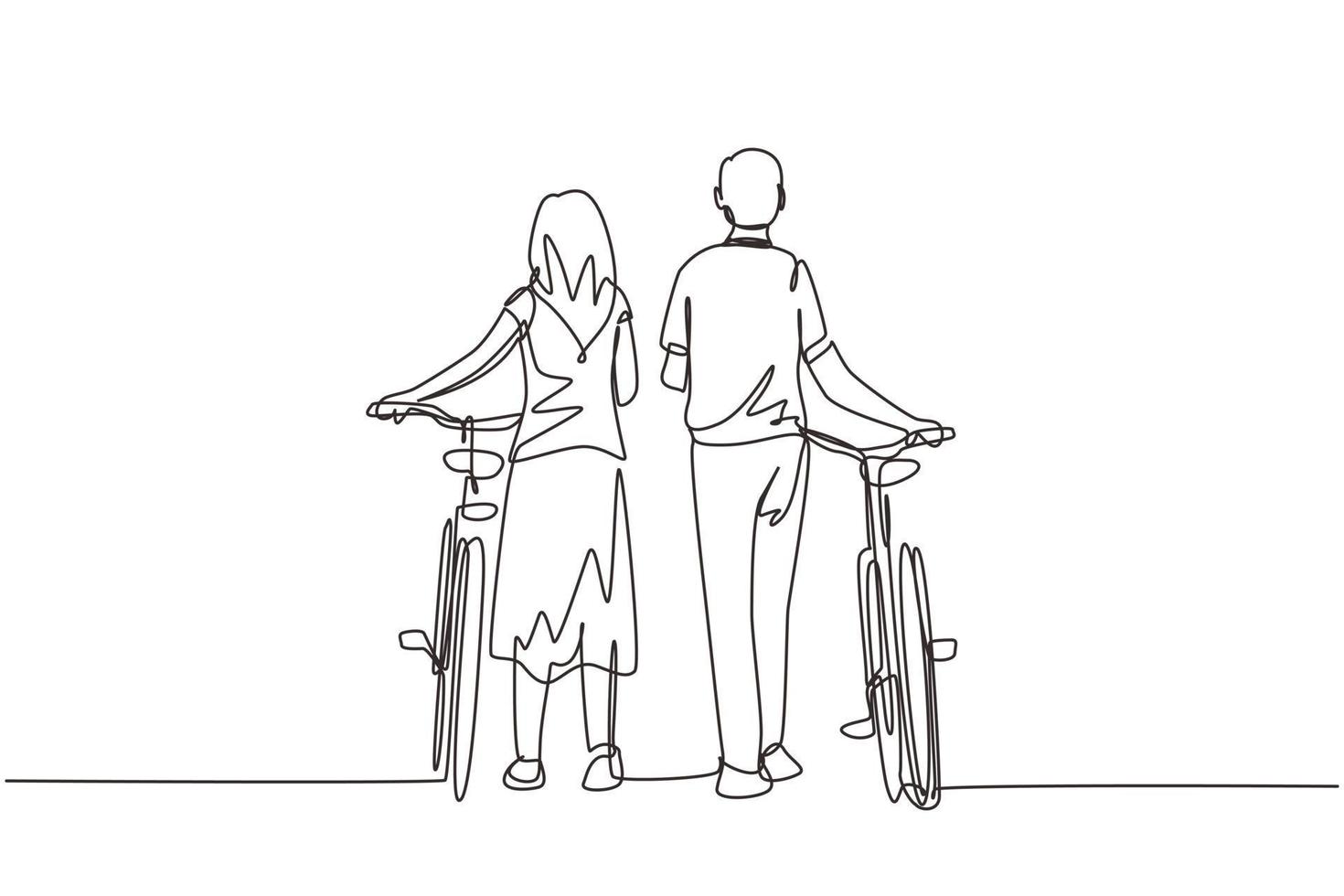 enkele doorlopende lijntekening achteraanzicht paar man en vrouw lopen samen met de fiets. jonge jongen en meisje verliefd. gelukkig romantisch getrouwd stel. een lijn tekenen grafisch ontwerp vectorillustratie vector