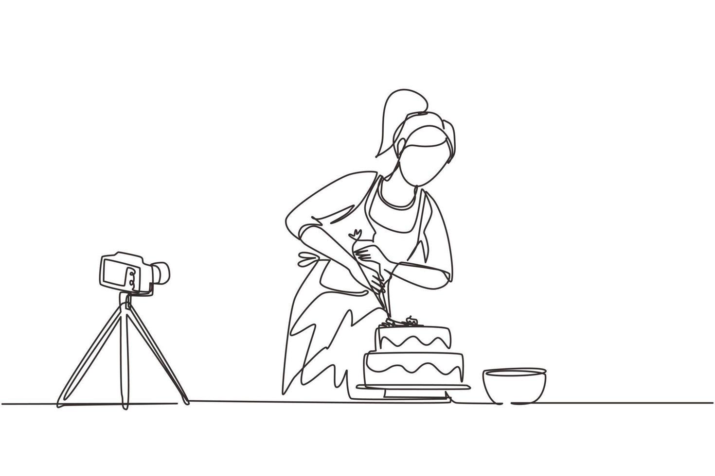enkele doorlopende lijntekening meisje bakken en decoreren taart in de keuken. vrouw blogger video opnemen op camera, statief gebruiken, plaatsen op sociale media. één lijn tekenen ontwerp vectorillustratie vector